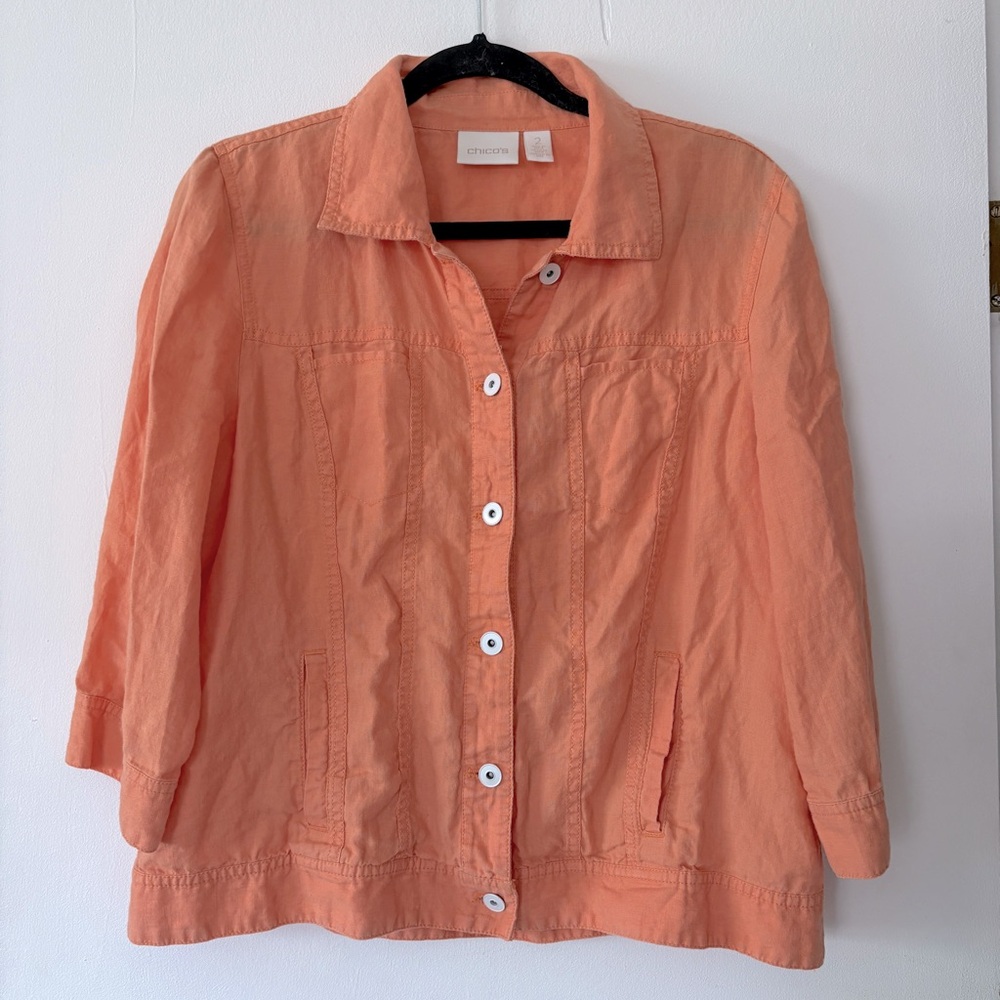 Chico's 100% Linen Jacket Size 2 Large Orange Lightweight Coastal Grandma Resort